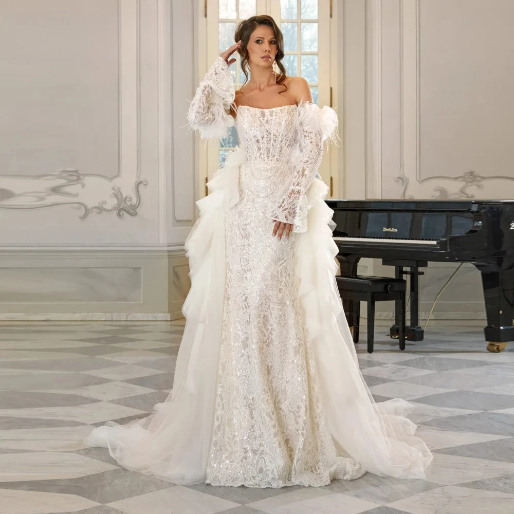 Customized Graceful Dignified Temperament Beads Wedding Dresses Unique Lace Feathers Mermaid Charming Fashion Bridal Gown