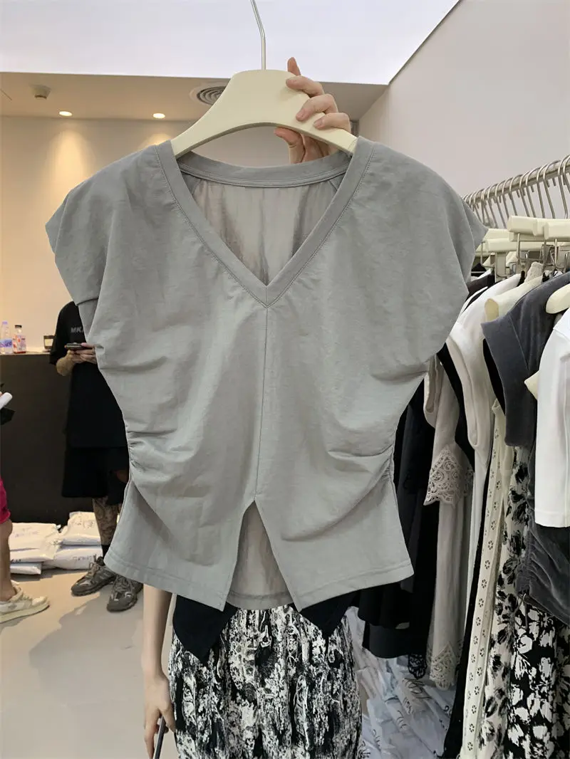 

Women's 2024 Trendy V-Neck T-Shirt Slim Fit Pleated Detail Side Slit Flutter Sleeve Tee Unique Design Casual Chic Blouse Trendy