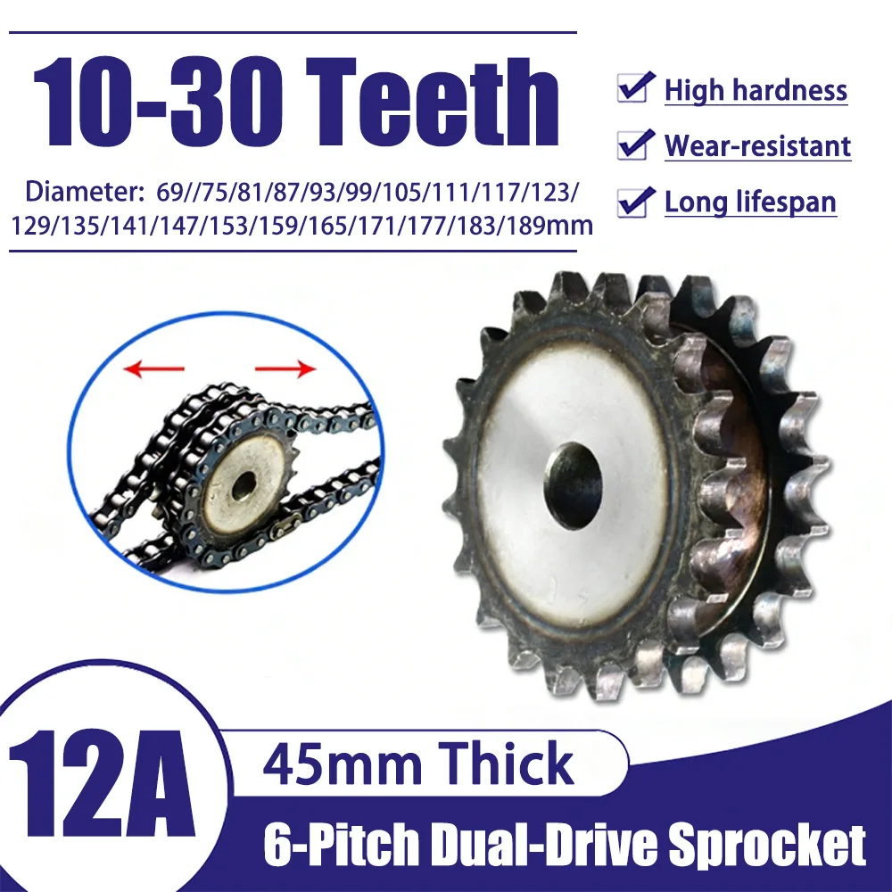 

1Pcs 45# Steel 6-Pitch Fake Double Row Dual-Drive Sprocket 10/12/13-30 Teeth 12A Specification for Mechanical Equipment