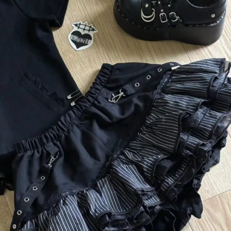 Y2K Girls' Dark Style Short Skirt Women's Cute Patchwork Striped Printed Fluffy Skirt Creative Versatile Cake Skirt Fashionable