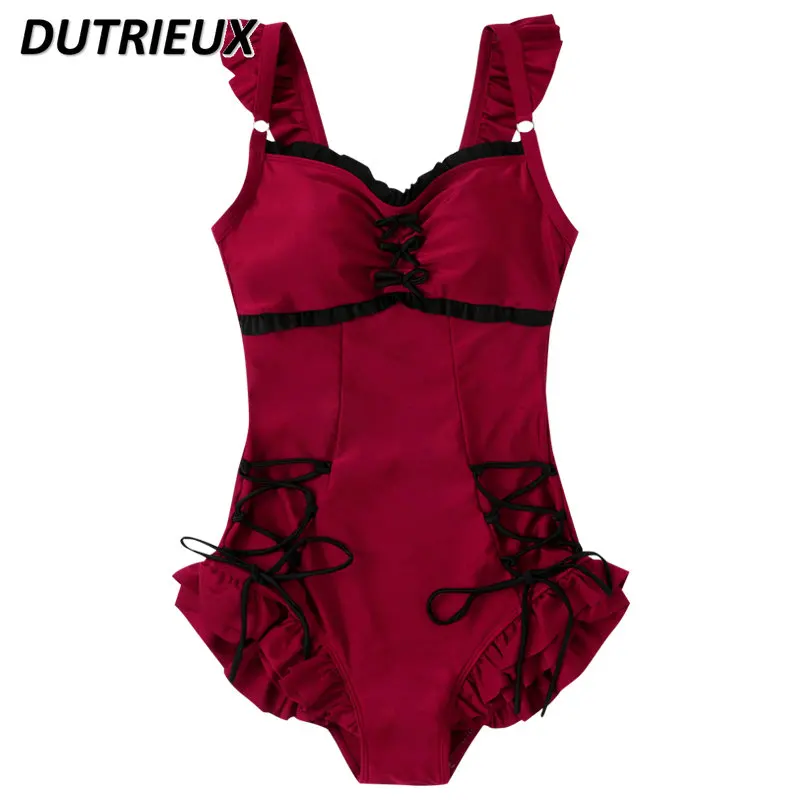 Retro Red Girl Lolita One Piece Swimsuit Female Slimming Cute Pure Desire Student Sleeveless Swimwear Bathing Suit for Women