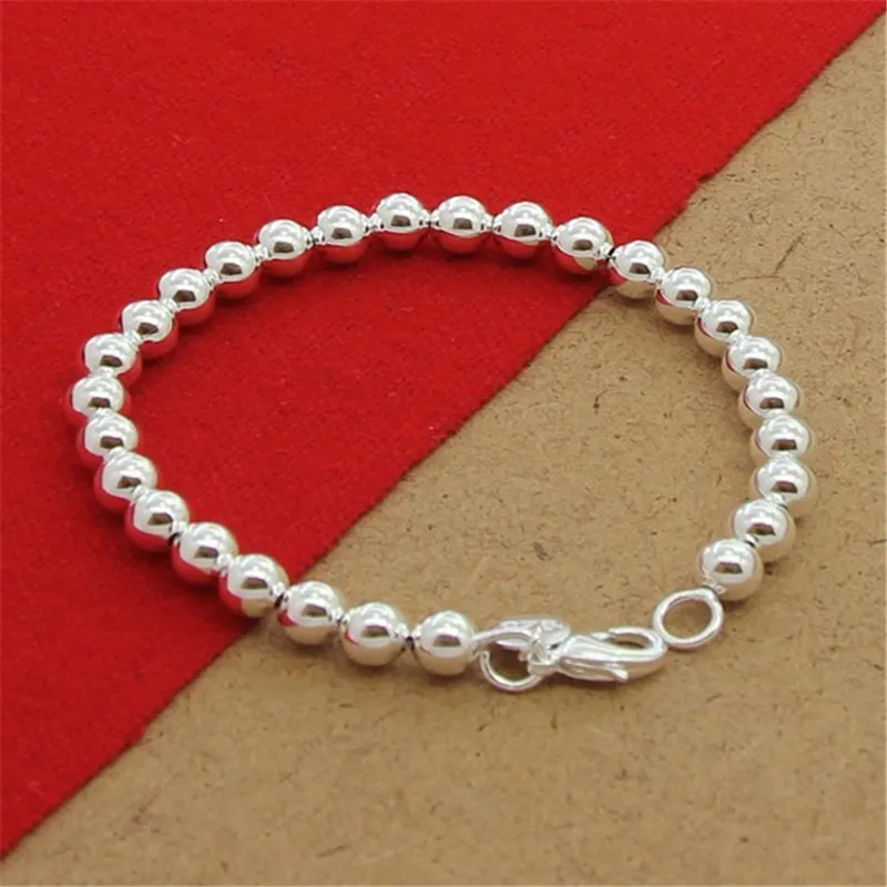 

925 Sterling Silver 4mm/6mm Hollow Circle Ball Beads Beaded 20cm Bracelet Woman Charm Fashion Jewelry