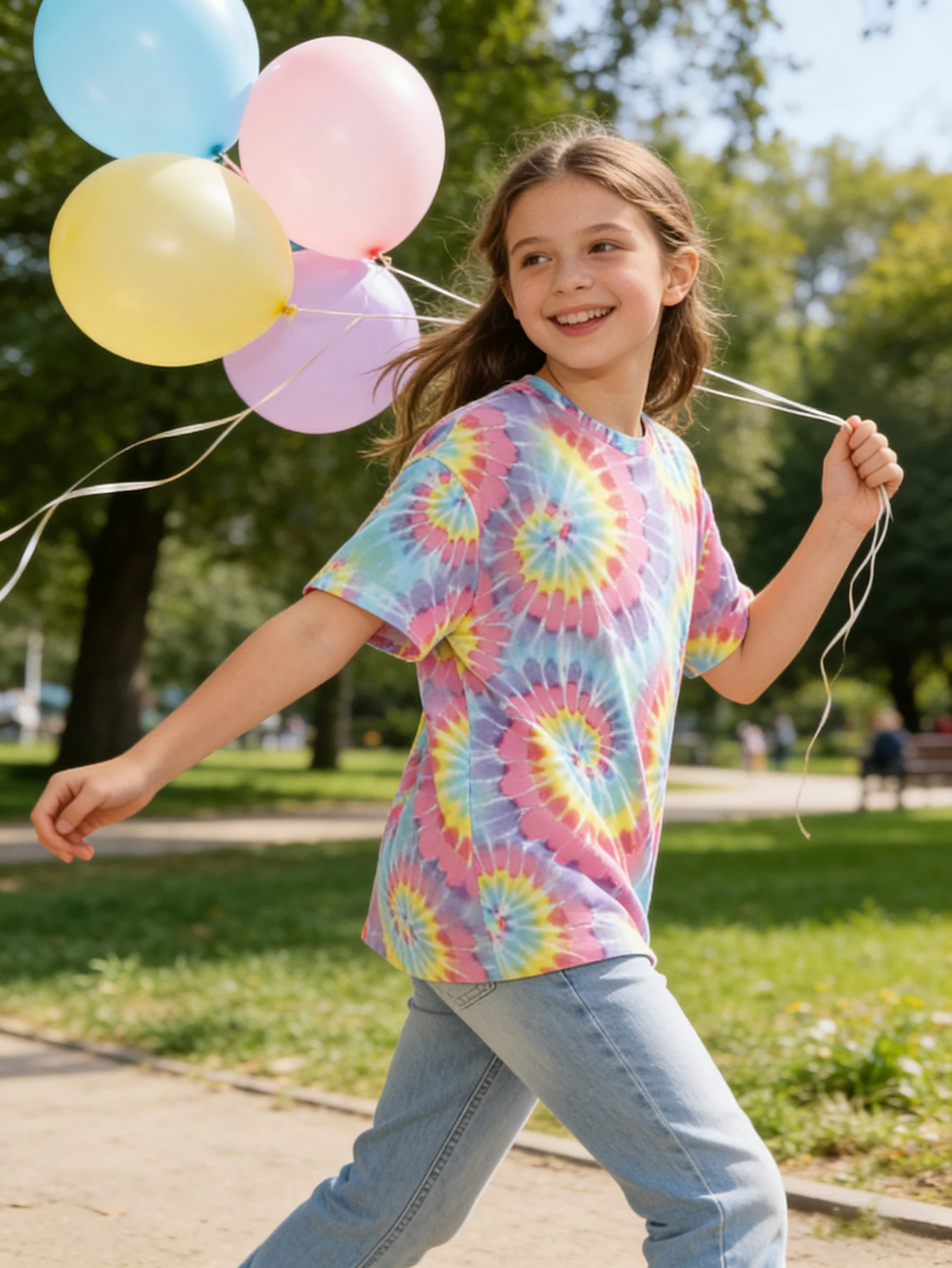 

2026 girls rainbow spiral tie-dye short-sleeved T-shirt, loose summer casual top for older children