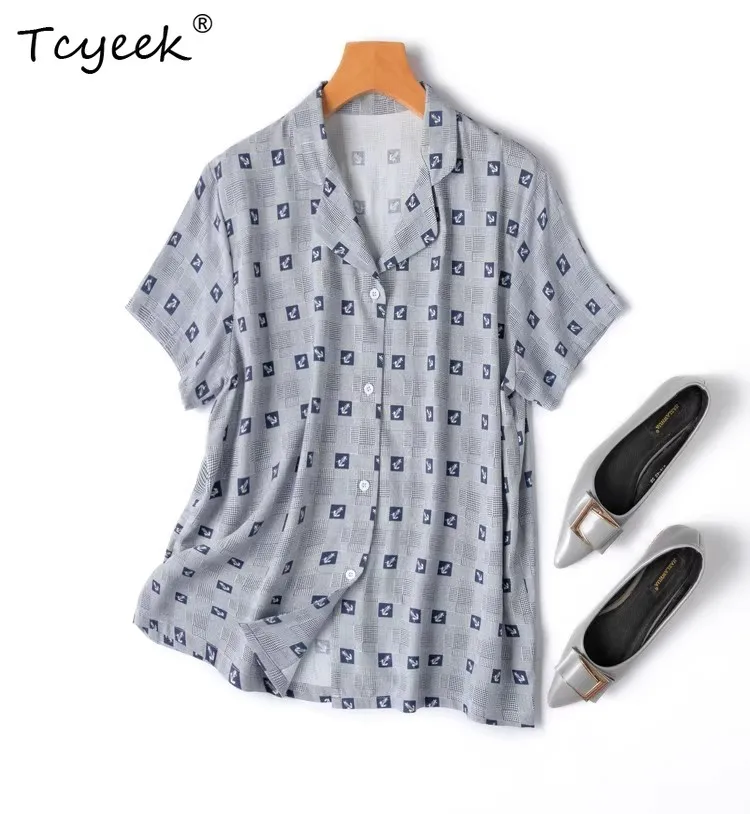 

Tcyeek 100% Mulberry Silk Pajama Sets Woman Polo Neck Plain Sleepwear Short Sleeve Home Clothes Nightwear Summer P55722JF