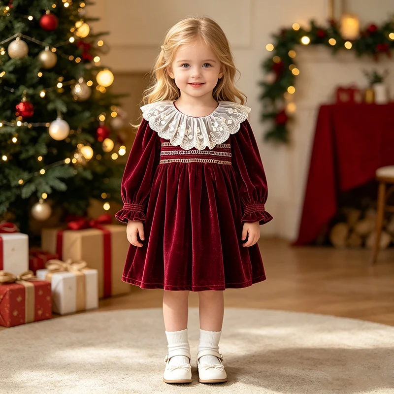 2025 Christmas Kids Baby Girls Dress Red Lace Collar Baby Girls Long Sleeve Sweet Princess Dress New Children Clothes Dress