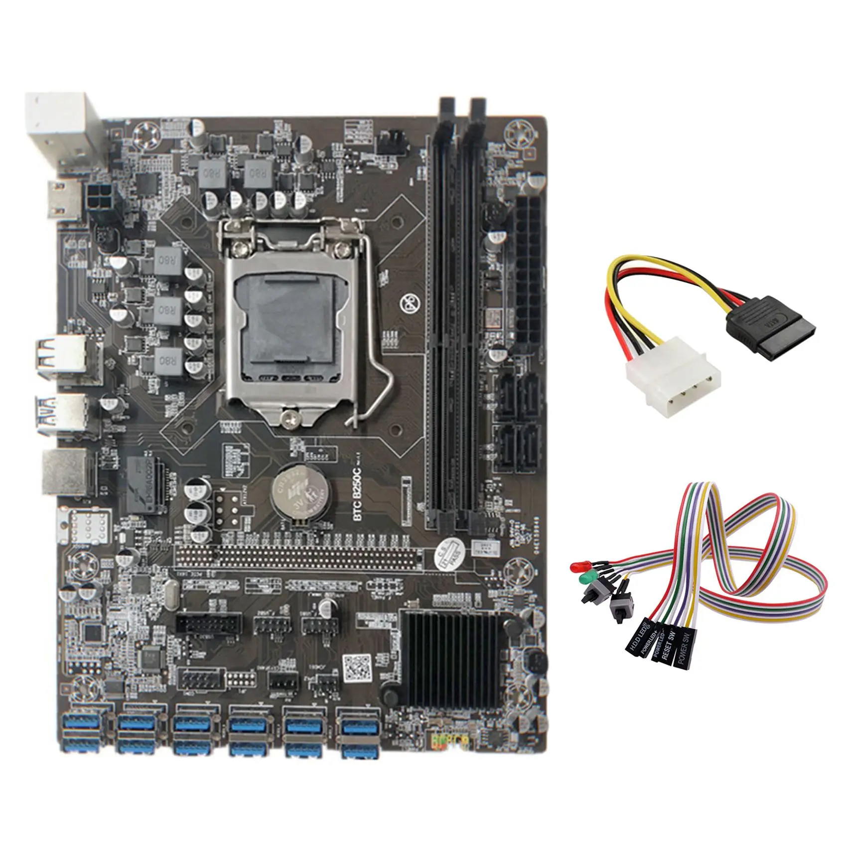 

B250C Miner Motherboard+Dual Switch Cable with Light+4PIN IDE to SATA Cable 12 PCIE to USB3.0 Graphics Card Slot LGA1151