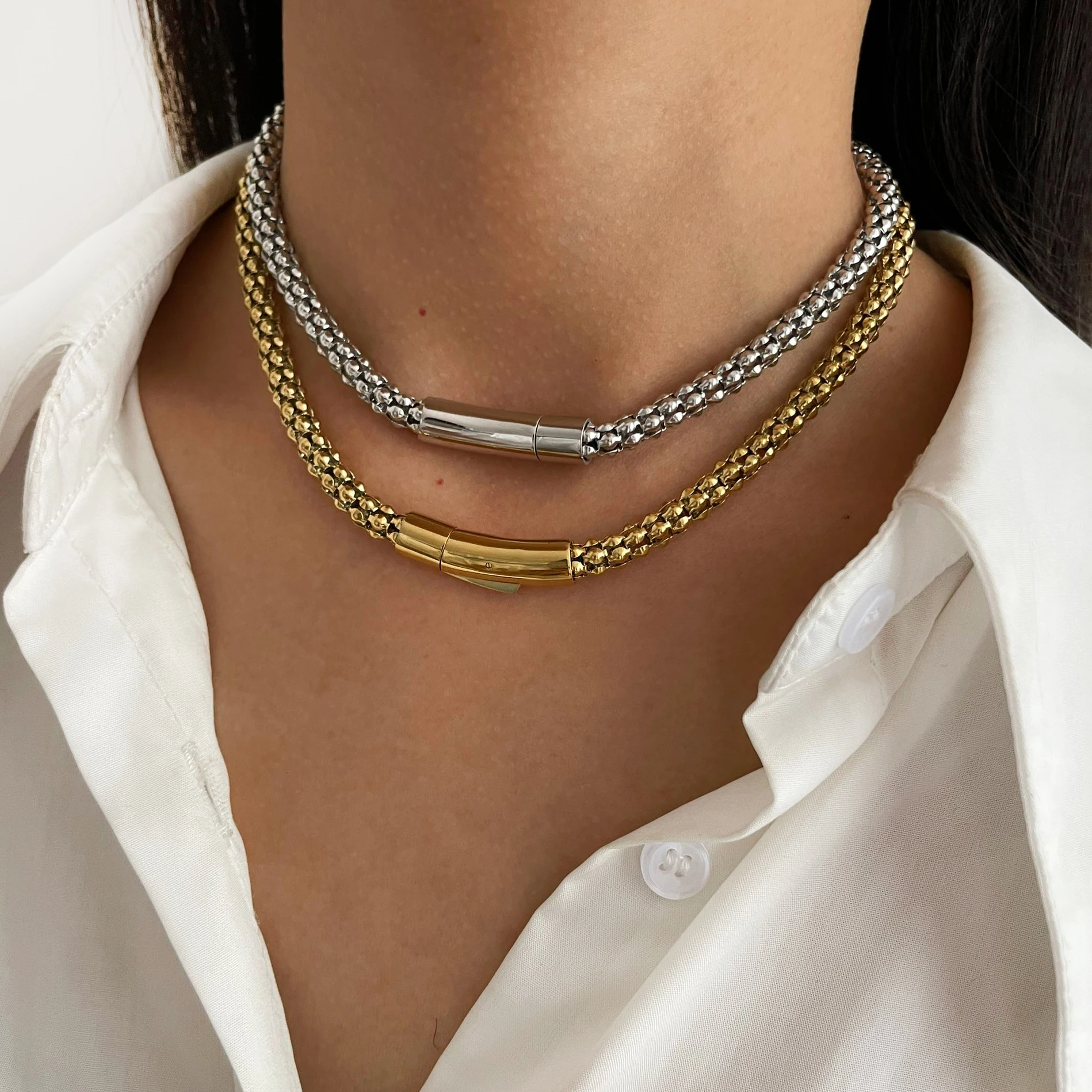 Peri\'sbox Statement Stainless Steel Hollow Choker Necklace for Women Men Hip-Hop Gold Color Clavicle Chain Fashion Jewelry Party