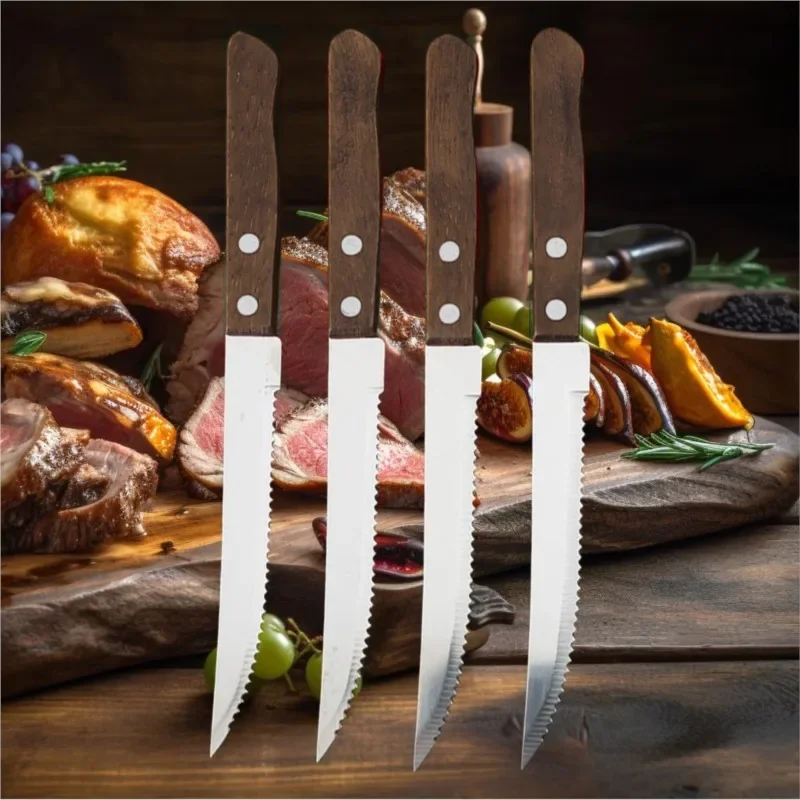 Cuchillo de cocina, cuchillo para carne de filo fino en forma de diente de sierra, juego de cuchillos de mesa de acero inoxidable con mango de madera, cuchillo de corte, cuchillo de fruta