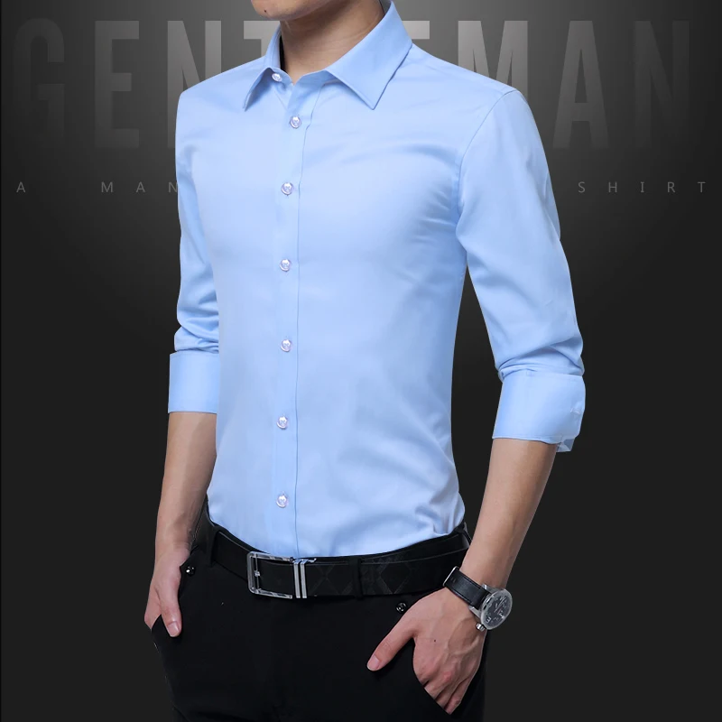 Camisa de manga comprida casual para homens, versão slim fit, cor pura, camisas de vestido masculinas, preto, branco, azul, 5XL, 6XL