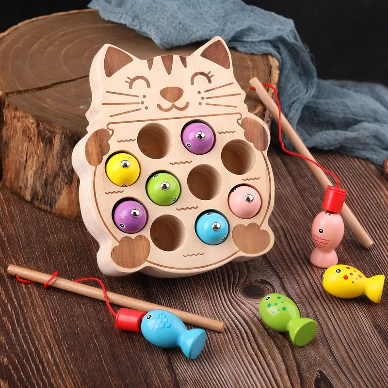 Children's educational toys Magnetic kitten fishing game focus training Wooden fishing magnetic baby toys