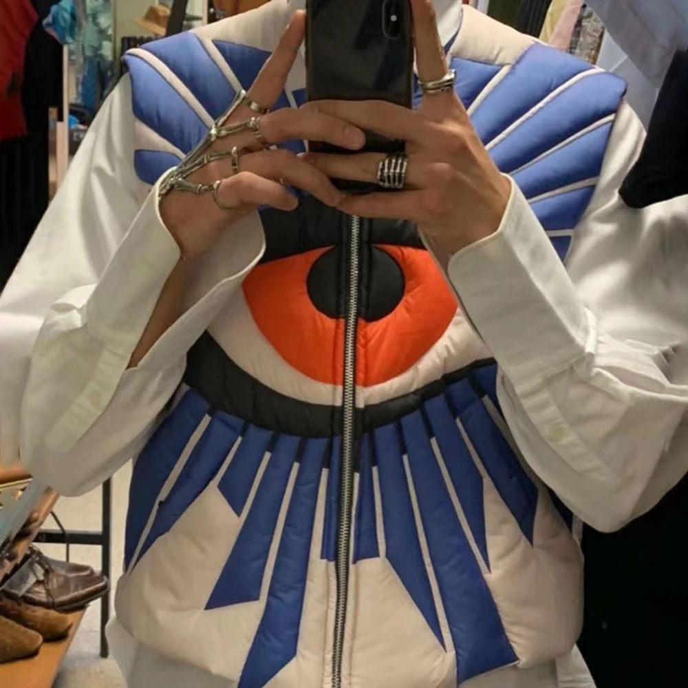 Mens Autumn Winter Eye Printing Y2k Vest Cotton Jacket 2024 New Essential American High Street Casual Loose Jacket For Men