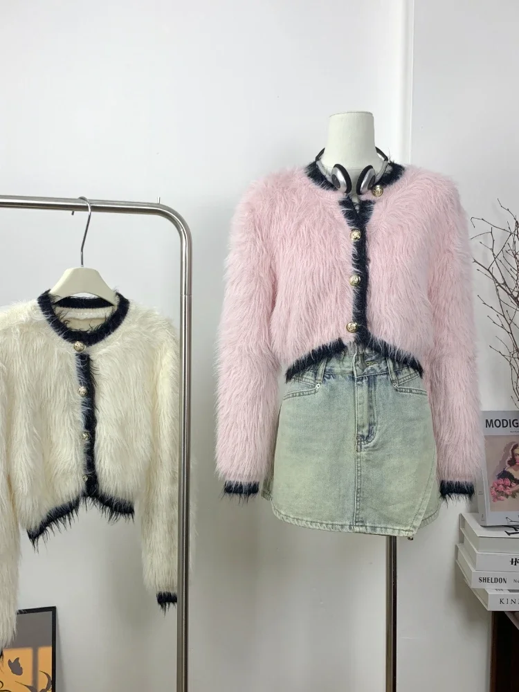 Hairy Sweater Cardigan Women Clothes Artificial Mink Fur Autumn Winter Plush Thick Single Breasted Short Soft Top