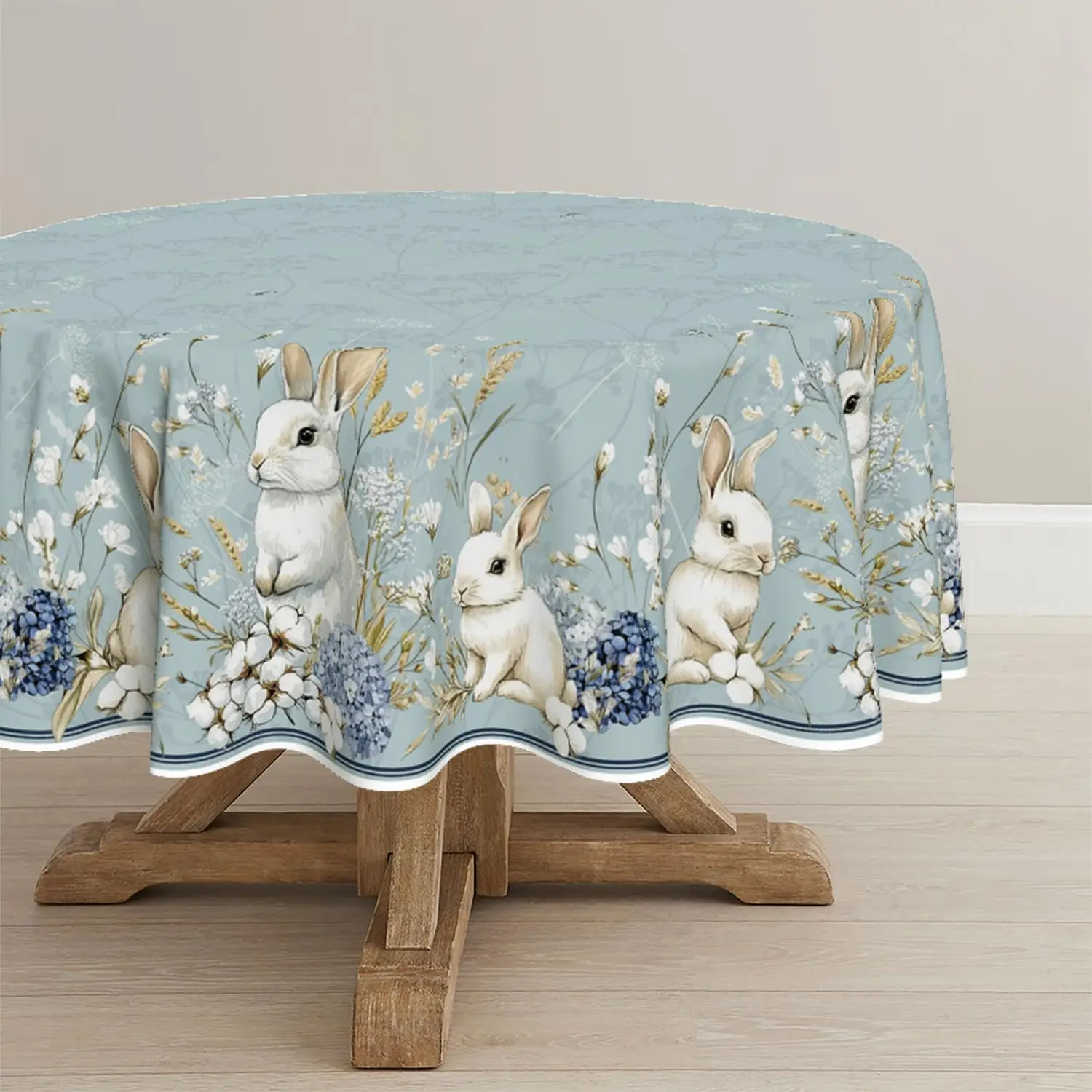 

Easter Tablecloth 90×90 Inch Round, Blue Easter Bunny Flowers Washable Seasonal Table Cover for Party Picnic Dinner Dec