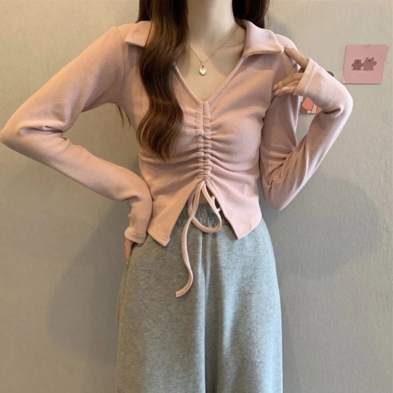 Pink Women Knit Top 2026 Autumn Long Sleeve V Neck Short Blouse Pleated Collar With Tie Belt Casual Chic Knitted Sweater​
