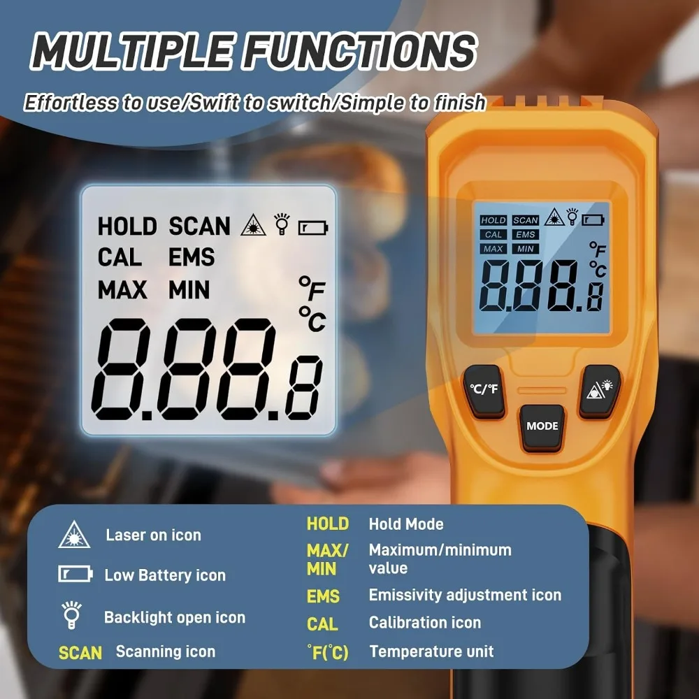 Infrared Thermometer Laser Temp Gun -58°F to 1112°F, Calibration & Adjustable Emissivity, Min/Max, for Cooking, HVAC, Auto view 3