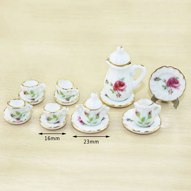 15Pcs 1:12 Dollhouse Miniature Tableware Porcelain Ceramic Tea Cups Set Toys