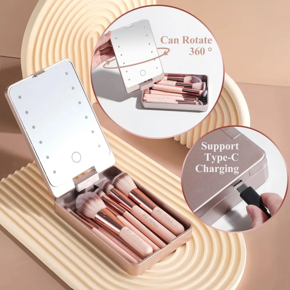 BS-MALL Makeup Brushes Foundation Powder Concealers Eye Shadows Makeup Set with LED light Mirror 14 Pcs Mini Makeup Brushes (API