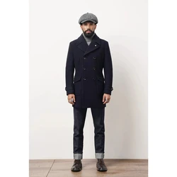 AI NI YA Spring and Autumn New Men's Navy Woolen Coat Slim Fit Double breasted Parker Coat Retro Gentleman's Coat