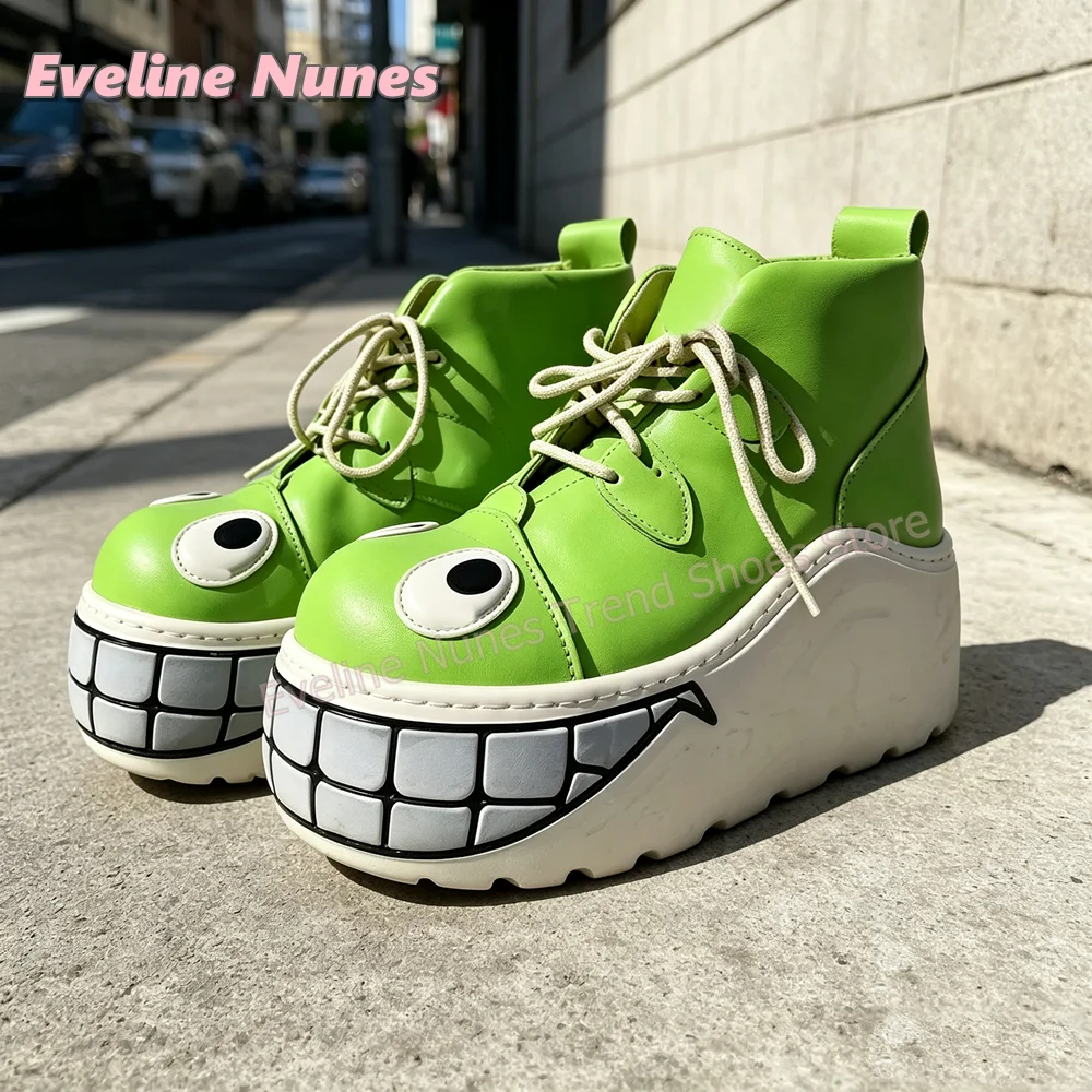 2026 New Trend Y2K Punk Platform Ankle Booties Cartoon Monster Eye Grin Tooth Decor Pumps Lace Up Round Toe Wedge Street Style