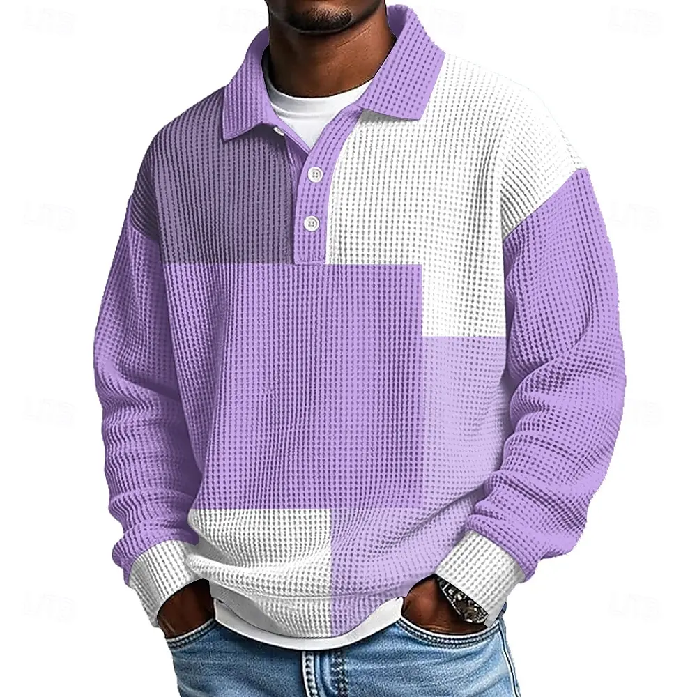 Men's Retro Long Sleeve Polo – Color Block Turn-Down Collar Top for Casual Hangouts, Travel & Timeless Fashion Looks