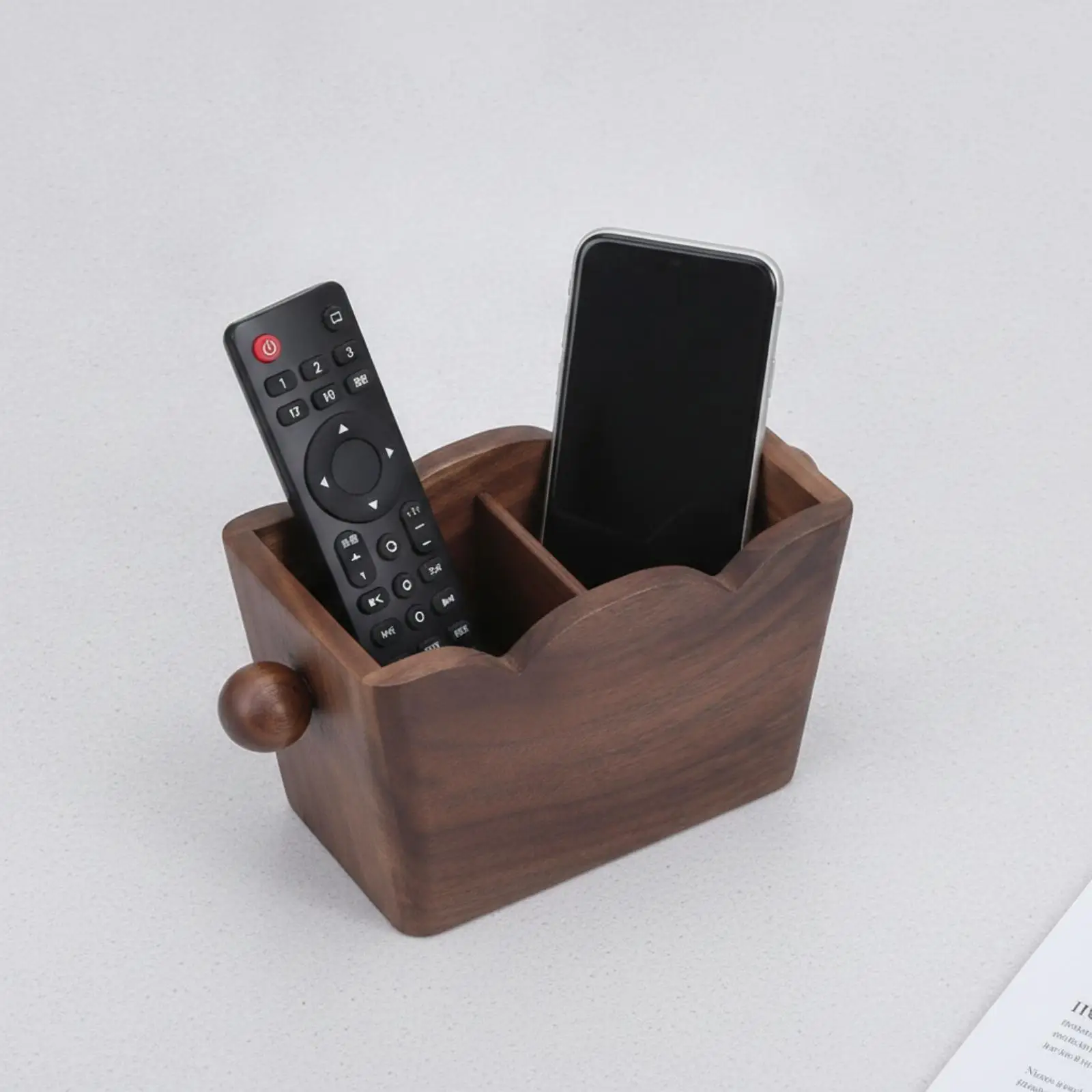 Wooden Remote Organizing Tray Compact Desktop Storage Box with Dual Compartments for Office and Home