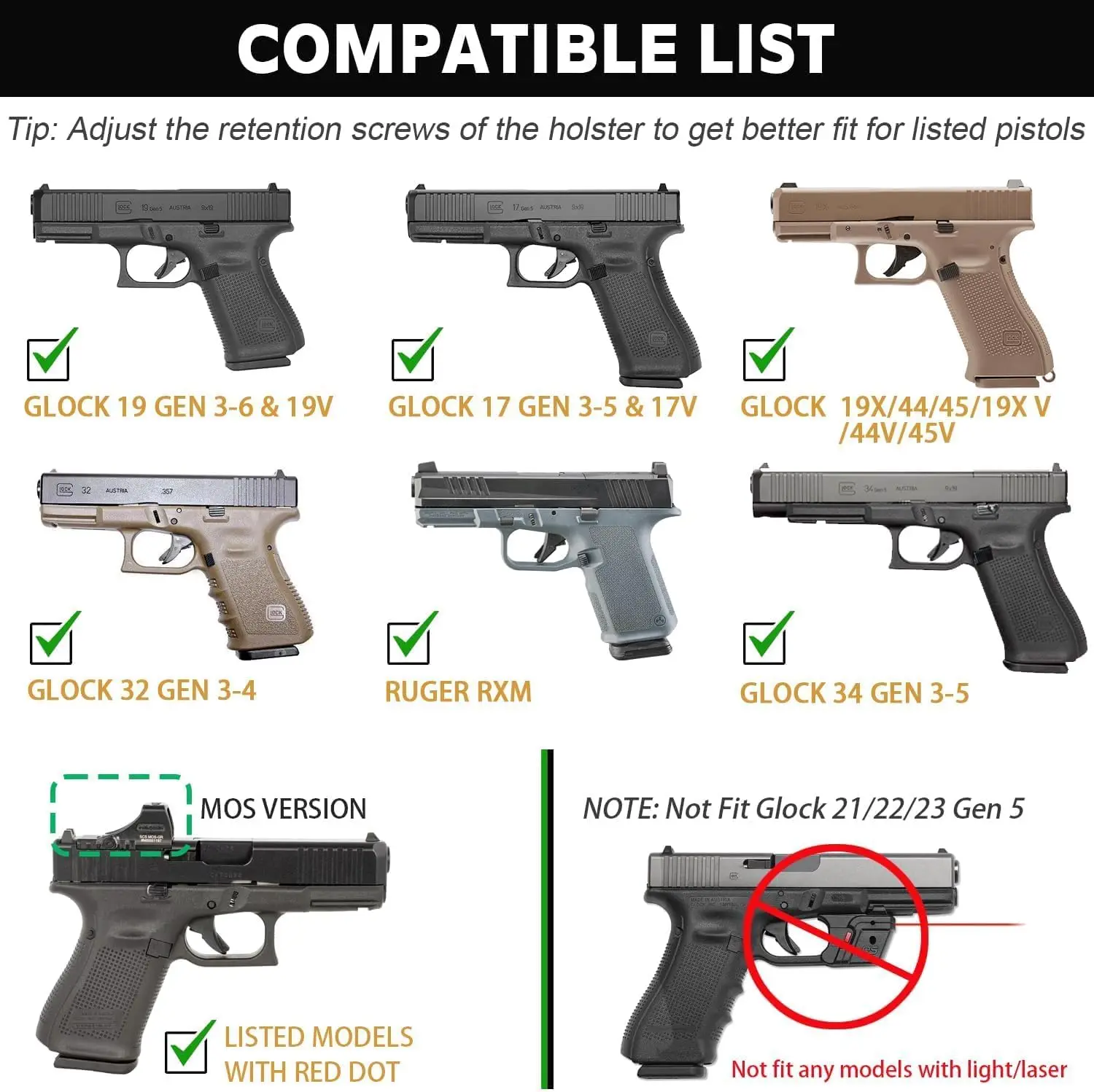 WARRIORLAND IWB Kydex Holster,Only for Glock 17/19 (Gen 3-6) & 23/32 (Gen 3-4) & 19X/ 44/45 &MOS version & Ruger RXM, Left Hand view 3