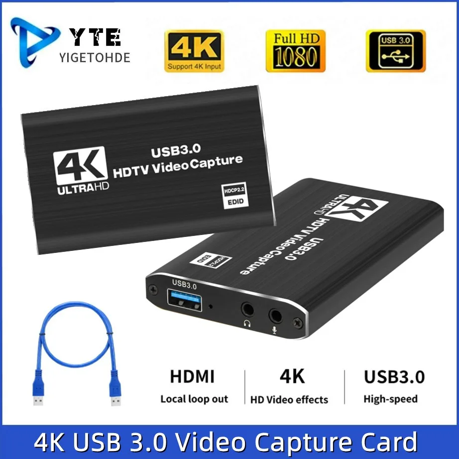 

YIGETOHDE 4K HDMI-compatible USB3.0 Video Capture Card 1080P HD Video Recorder Grabber for PS4 OBS Game Recording Game Audio Mic