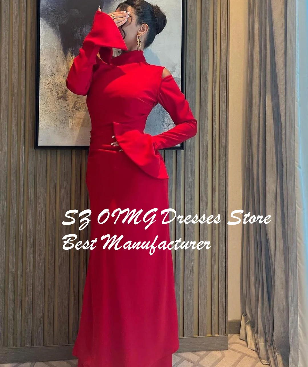 OIMG One Shoulder Red Prom Maxi Dresses Long Sleeves Customized Satin Ruched Sheath Elegant Evening Gowns Formal Party Dress