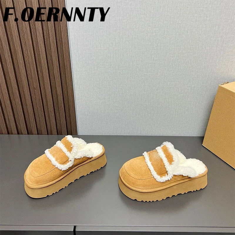 2024 New Outside Wool Warm Half Slippers Women Suede Closed Toe Platform Slippers Women Round Toe Thick Sole Casual Slippers