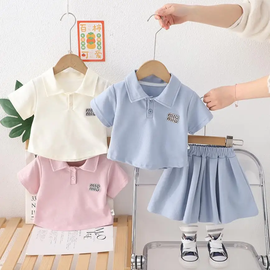 طفل الفتيات قصيرة الأكمام الدعاوى الكورية نمط ملابس الصيف بلون بدوره إلى أسفل طوق تي شيرت والسراويل الاطفال فتاة الملابس #4