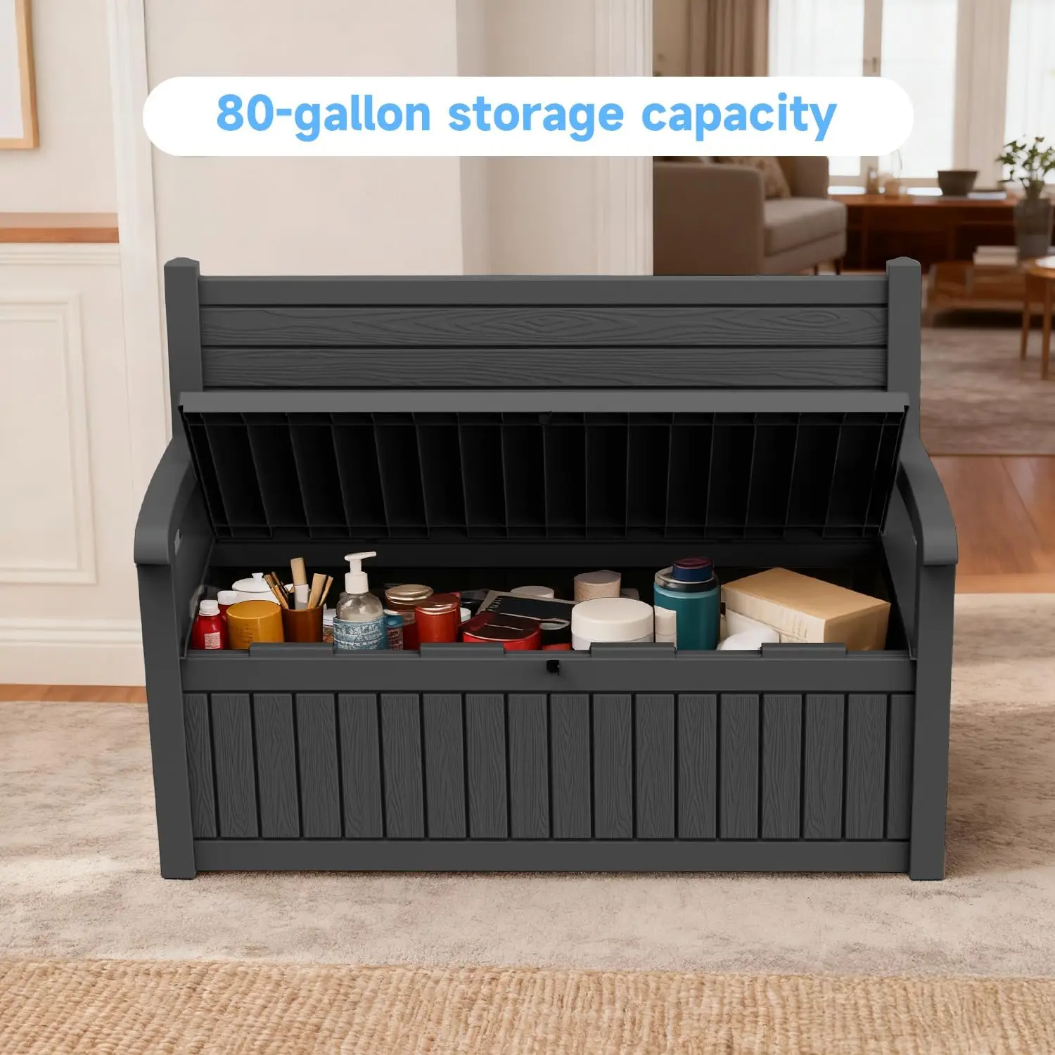 Indoor Plastic Storage Box 80 Gallon Capacity, All Weather Outside Storage Bin With Comfort Cushion Seat, Heavy Duty Patio Deck Bench Organizer For Garden Backyard, Black view 4