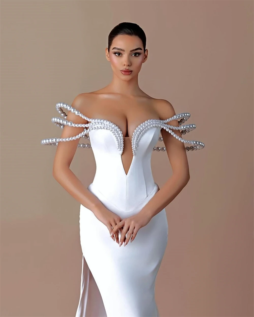 Robes de mariée sirène personnalisées en Jersey blanc, sans bretelles, avec traîne Court, robes de mariée de l'industrie lourde, robes de mariée 2025