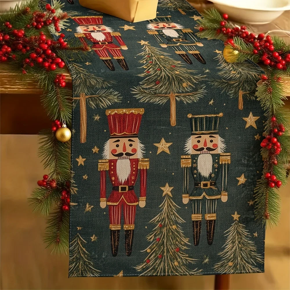 1pc Christmas Table Runner-Nutcracker Pattern Design,Christmas Party Decor,Rectangular Tablecloth for Festival Catering Decor