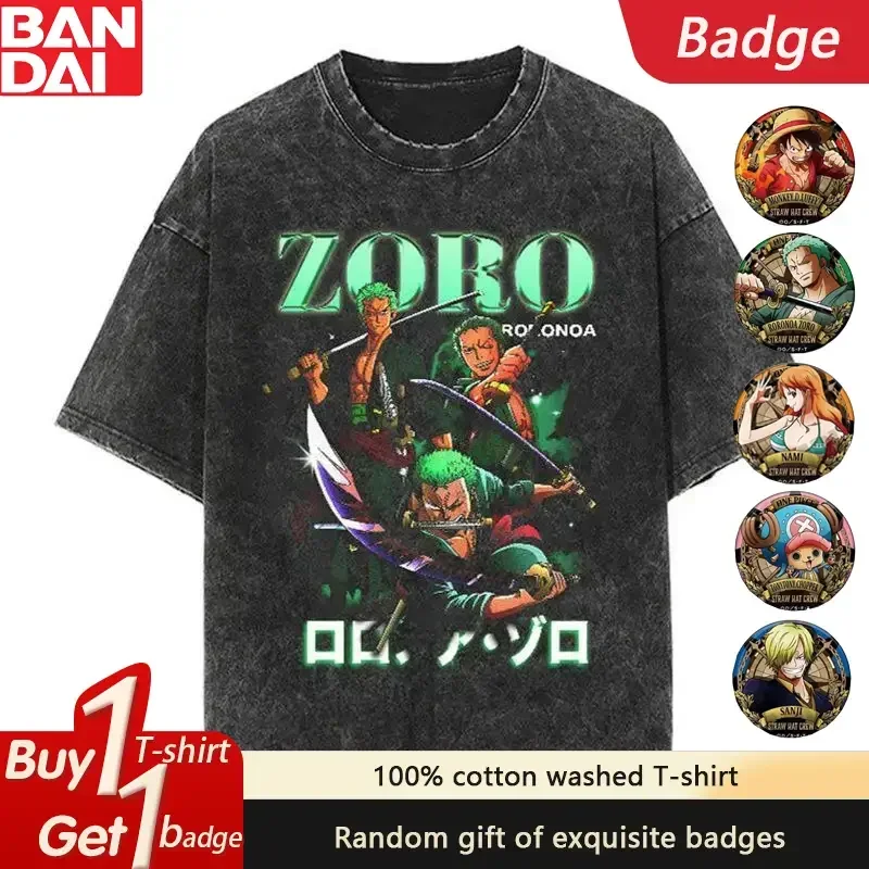 

ONE PIECE Zoro Luffy Print Pattern Classic Animation Pure Cotton Retro Washed Fashion Trend High Street Unisex Y2K Harajuku