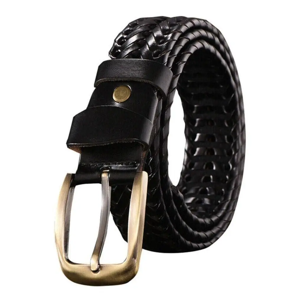 เข็มขัดหนังแท้ผู้ชายแบบปรับได้ สไตล์เรโทร กว้าง ทนทาน สีดำ สำหรับใส่กับกางเกงยีนส์