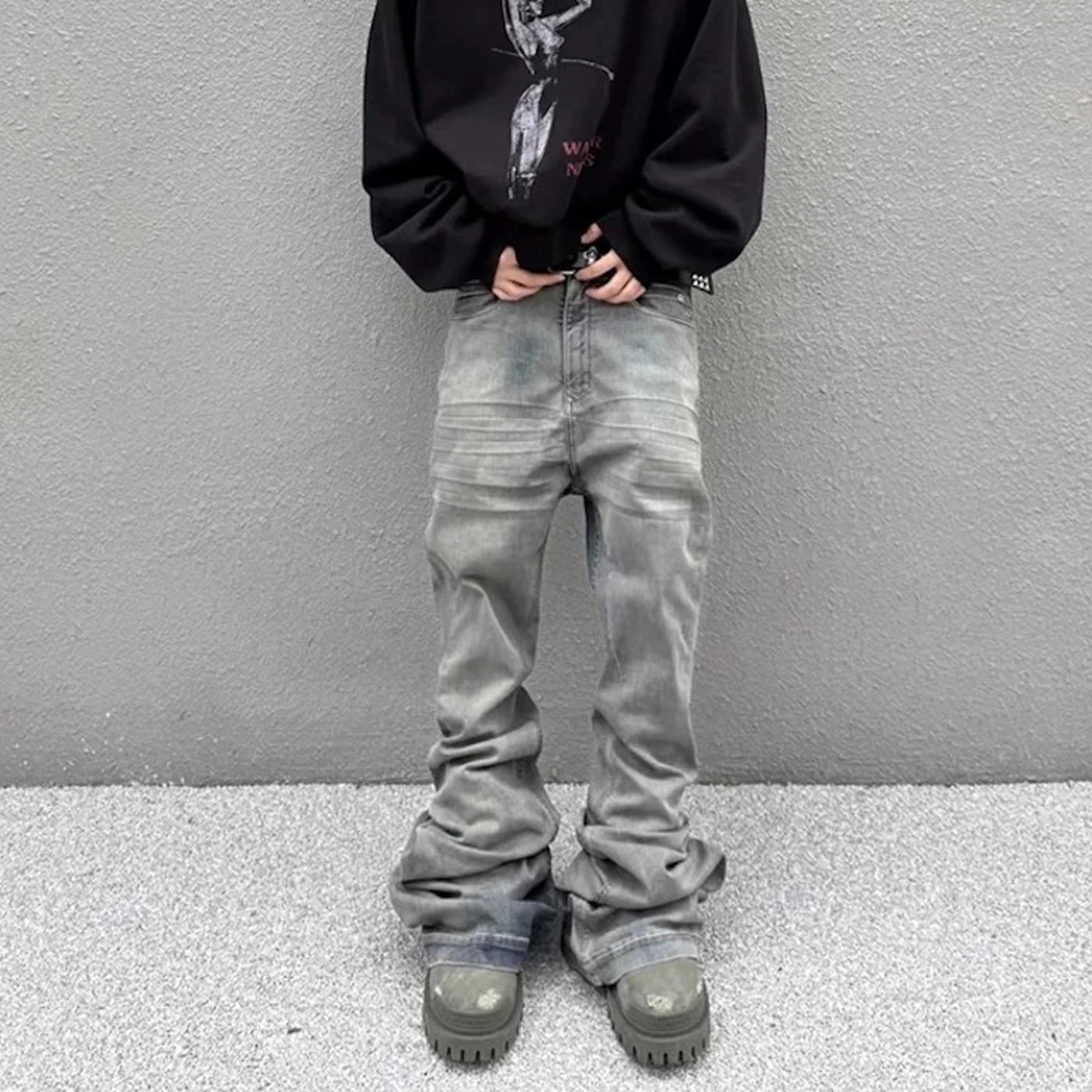 American High Street Ro Style Men's Micro Flared Jeans Wrinkled Distressed Denim Casual Straight Leg Trousers