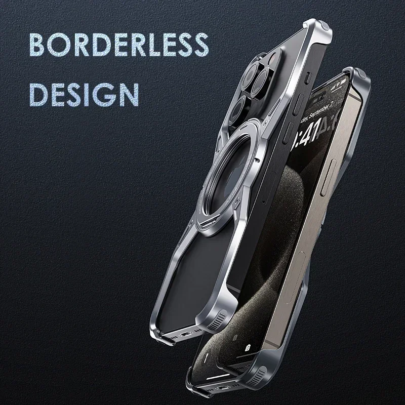 Metal Aluminum Magnetic Stand Phone Case For iPhone 13 14 15 16 Pro Max Magnetic Hollow Rimless Shockproof Bumper Phone Cover