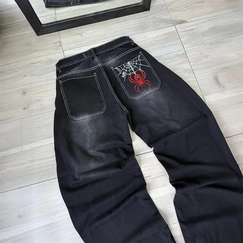 Y2K Fashion Casual Jeans Retro Spinnenweb Afdrukken Zwart Losse Wijde Pijpen Verontruste Jeans Hip Hop Mannen Vrouwen Punk Rock Streetwear