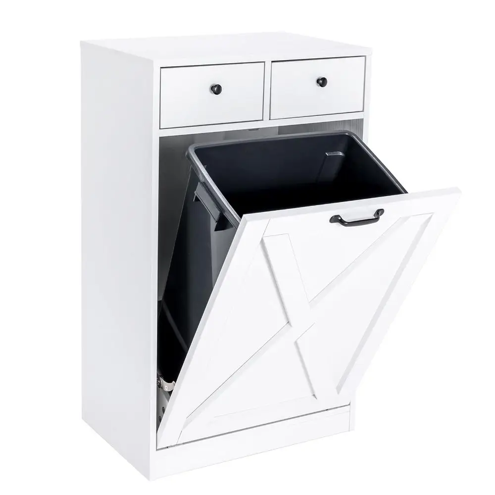 

White Wooden Free-Standing Kitchen Trash Cabinet with Tilt-Out Access, 2 Drawers, and Pet-Resistant Design