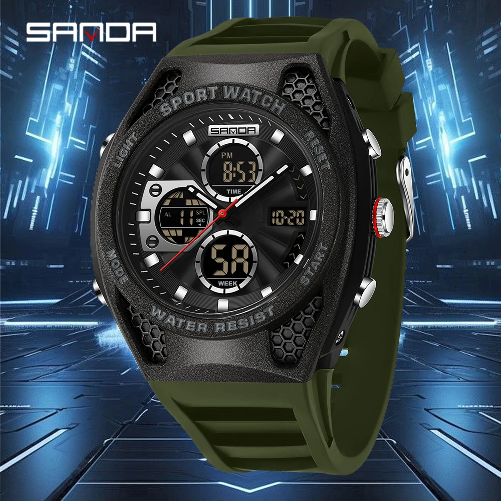 Sanda 3384 Luxury Men's Sports Dual Display Electronic Watch Waterproof Timing Multi functional Military Quartz Watch 2026