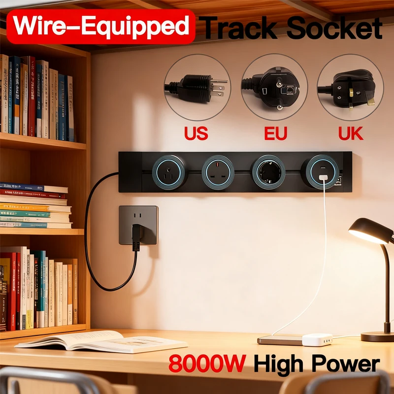 

Wall‑Mounted Power Track Outlet Rail, Modular Sliding Socket Strip with USB‑C, US/EU/UK Adapters, Grey/Black, For Office Home
