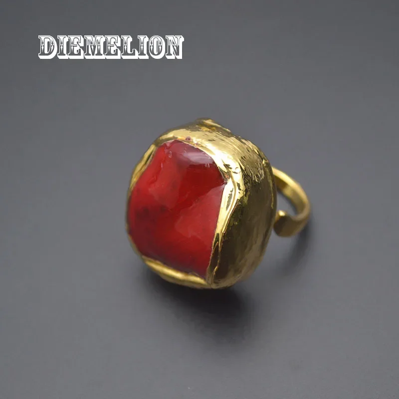 24K Gold Plated Bige Size Natural Irregular Red Coral Rings for Men Woman Open Adjustable Large Ring Luxury Fine Jewelry