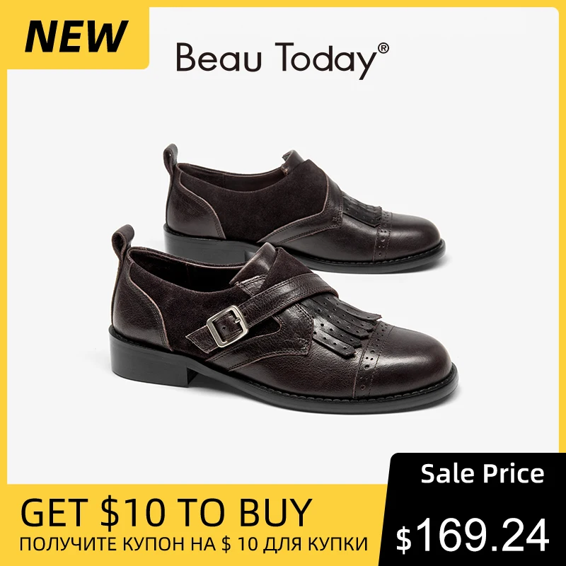 

BEAUTODAY Модные женские туфли на плоской подошве из натуральной коровьей кожи с круглым носком, с пряжкой и ремешком, в стиле ретро, ручной работы, 27995
