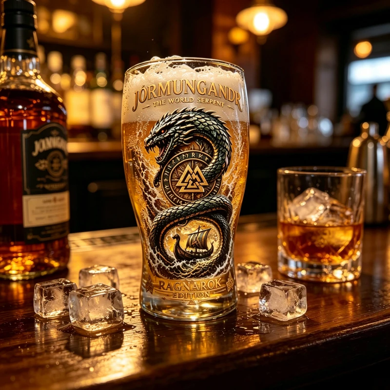 Viking Ragnarok Jormungandr Serpent Glass Cup Norse Mythology Beer Tumbler Gothic Collectible Glass Mug