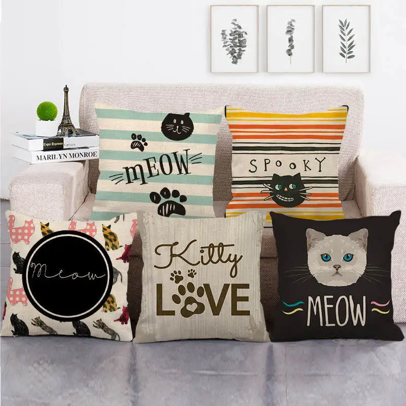 

Cute Cat Linen Throw Pillow Case Kitten Cat Pillowcase for Pillow Boy Girl Kid Room Aesthetics Pillow Cover Home Decor 40x40