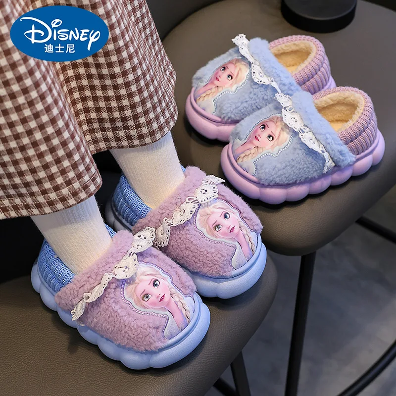 Disney Princess Elsa Cartoon Cotton Home Slippers for Girls Frozen Winter Indoor Warmth Non slip Children's Plush Shoes Size 36