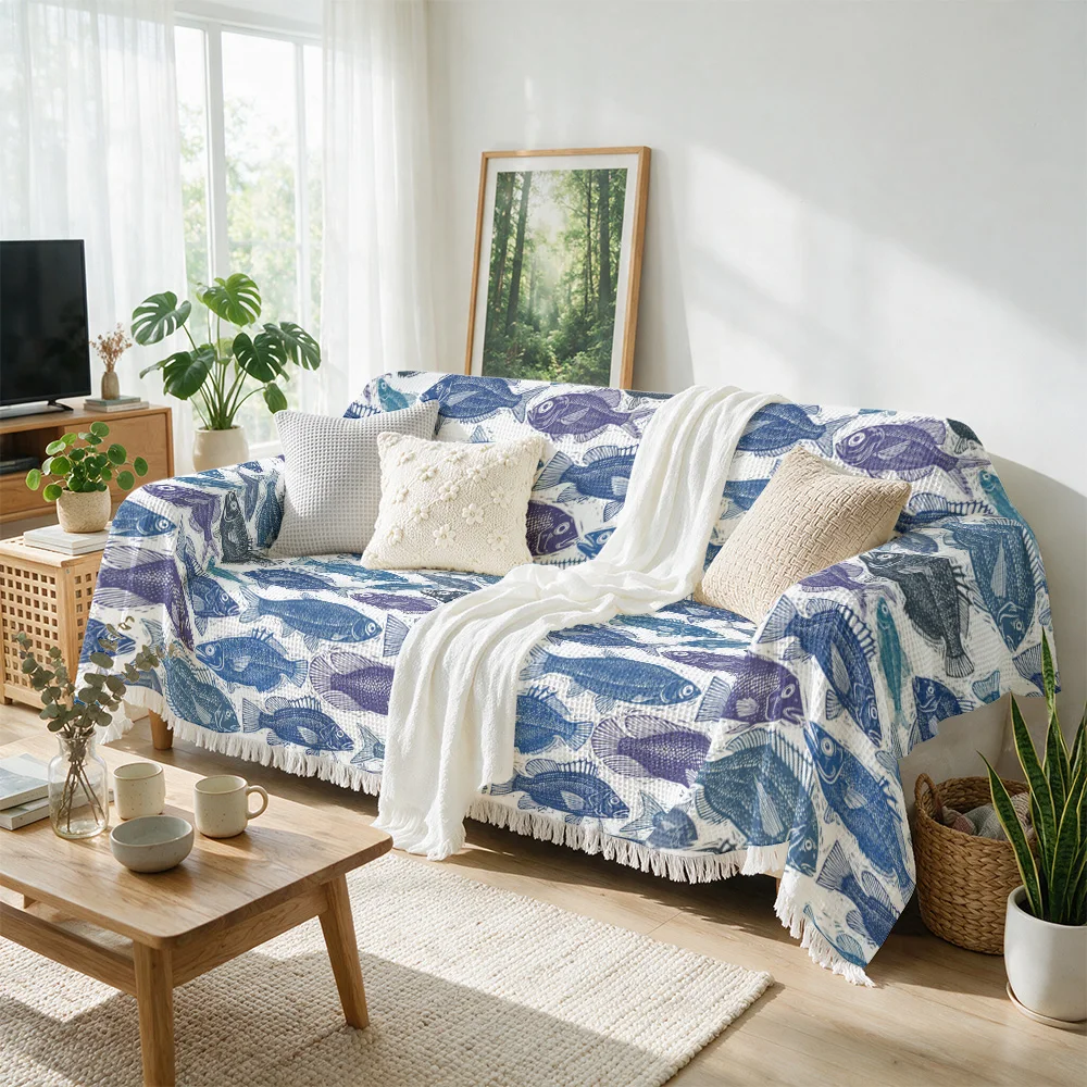 Decorative Throw Blanket Sofa Cover Blue Fish Pattern Nautical Coastal Throw for Living Room Couch Home Decor Gift Accent Blanke