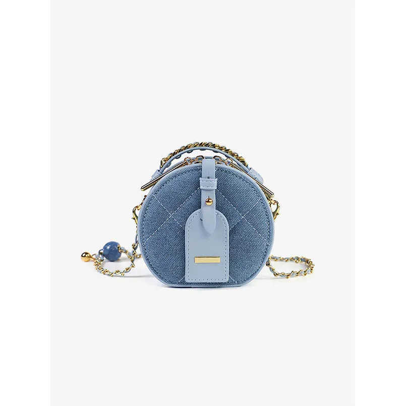 Denim Retro Unisex Blue Rhombic Lattice Golden Ball Handbag Shoulder Crossbody Bag Round Chain Mini Jean Female Purse