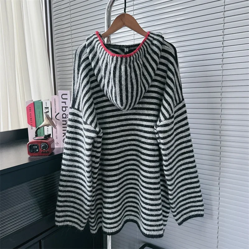 KBQ Korean Series Hit Color Stripe Minimalist Loose Sweater for Women Hooded Long Sleeve Spliced Drawstring Sweaters Female New