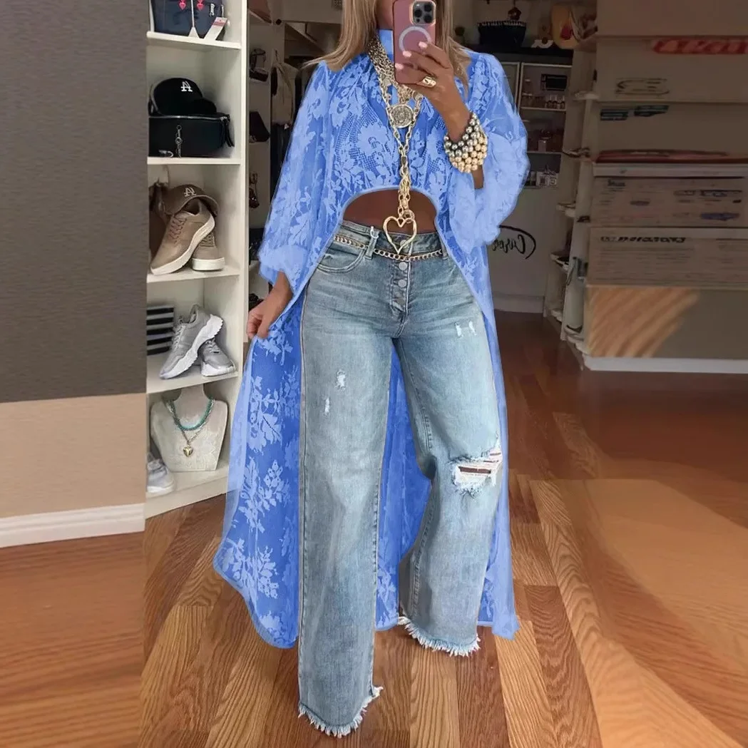 Spring Summer Fashion Solid Color Lace Shirt Women's Sexy Perspective Turtleneck Irregular Holiday Top Elegant Dress Women's Y2k